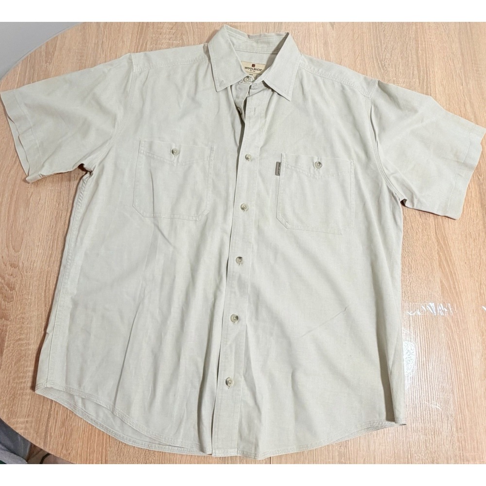 Woolrich Men's Medium Short Sleeve‎ Button Up Shirt Beige Outdoor Utility Camp